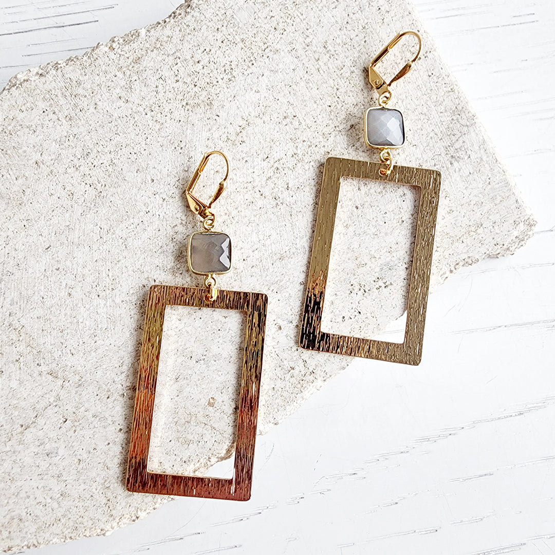 Smoky Quartz Rectangle Statement Earrings in Brushed Gold