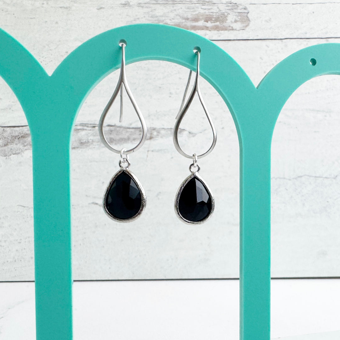 Black Stone Drop Earrings on Teardrop Earwires in Silver