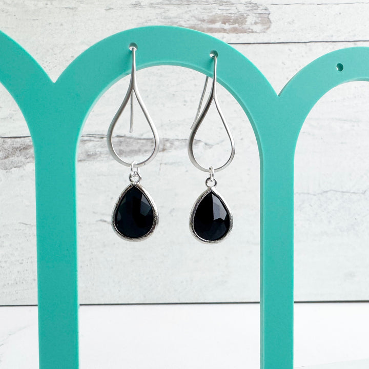 Black Stone Drop Earrings on Teardrop Earwires in Silver