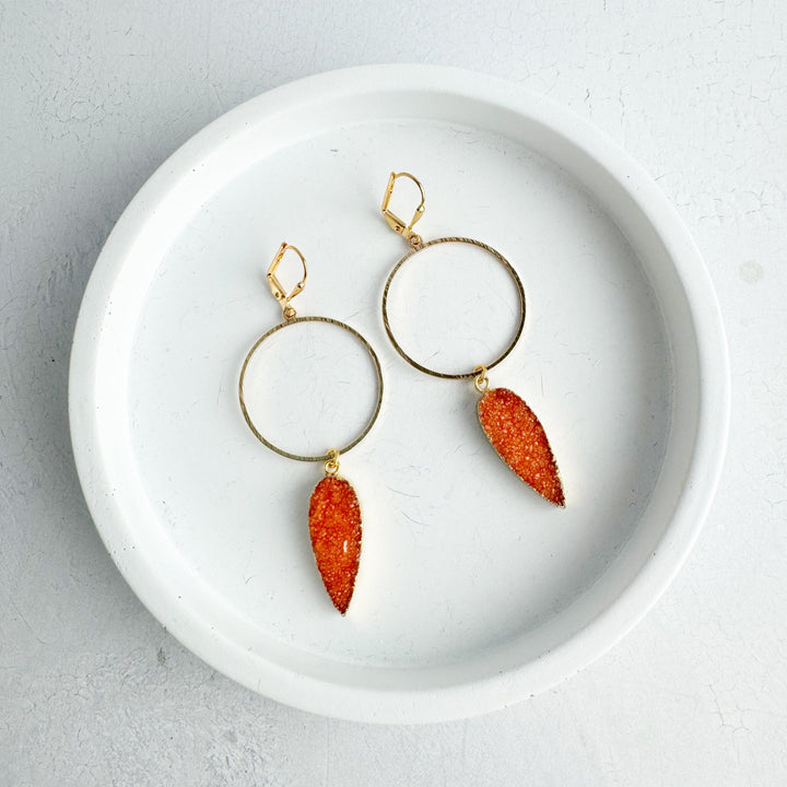 Orange Druzy Statement Hoop Earrings in Gold