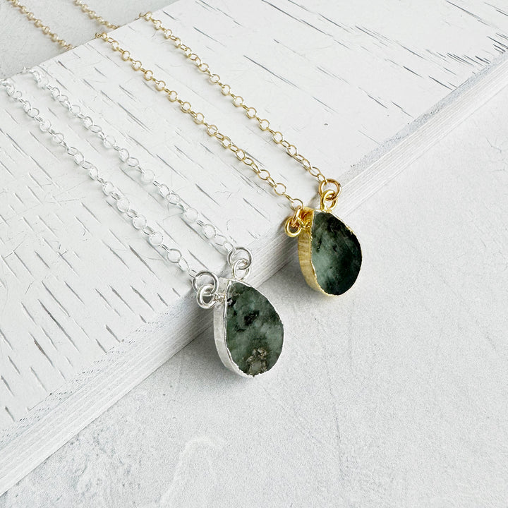 Raw Emerald Teardrop Necklace in 14k Gold Filled and Sterling Silver