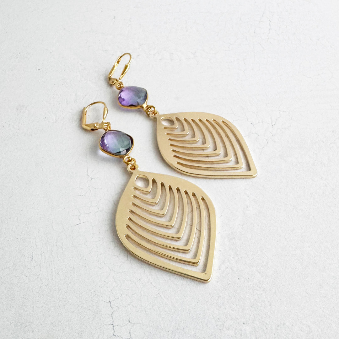 Purple Aura Quartz Marquise Leaf Earrings in Brushed Gold