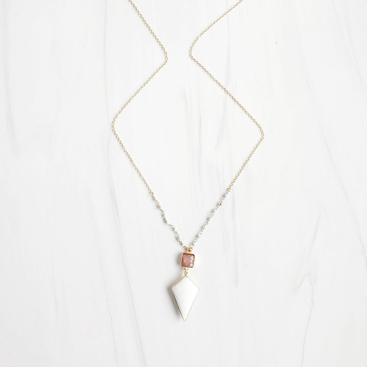Long Kite Bezel Necklace in Gold with White and Orange Stone