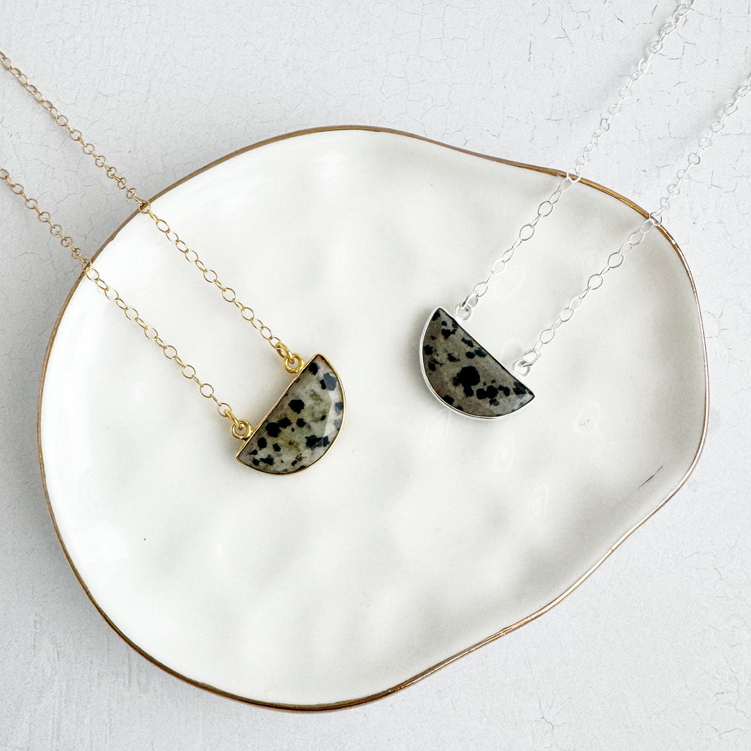 Small Dalmation Jasper Half Moon Crescent Necklace in Gold and Silver