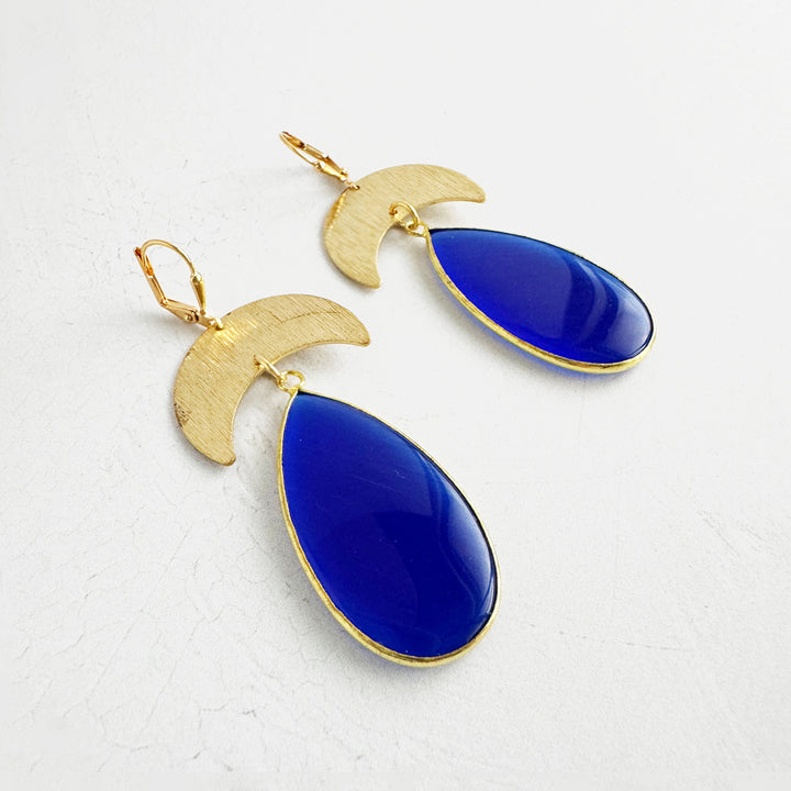 Large Blue Stone Crescent Dangle Earrings in Brushed Gold