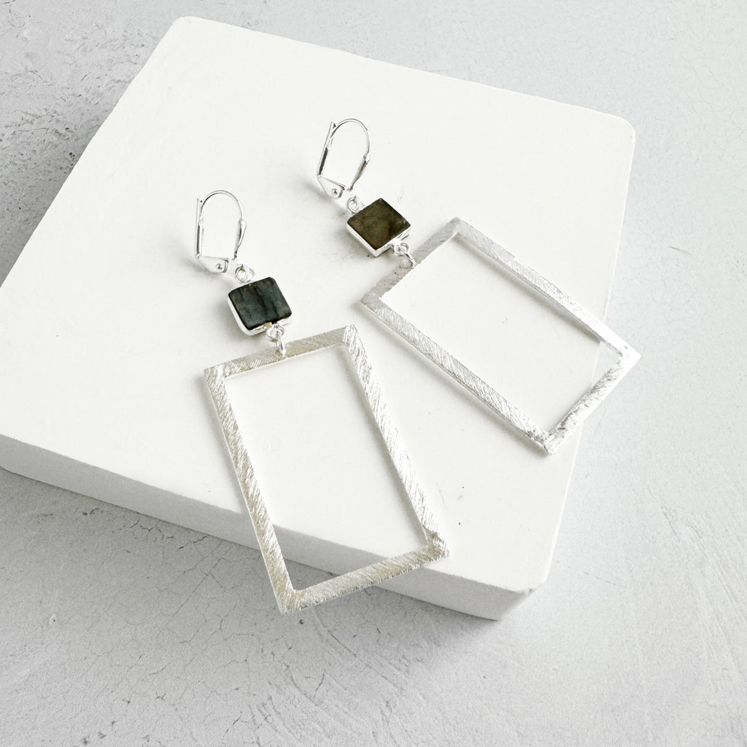 Labradorite Rectangle Statement Earrings in Brushed Silver