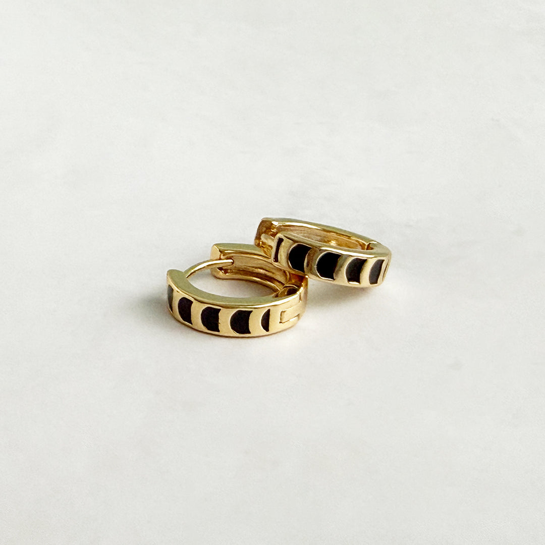 Phases of the Moon Black Enamel Huggies in Gold