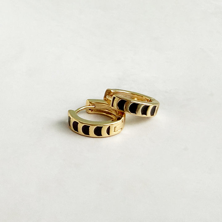 Phases of the Moon Black Enamel Huggies in Gold