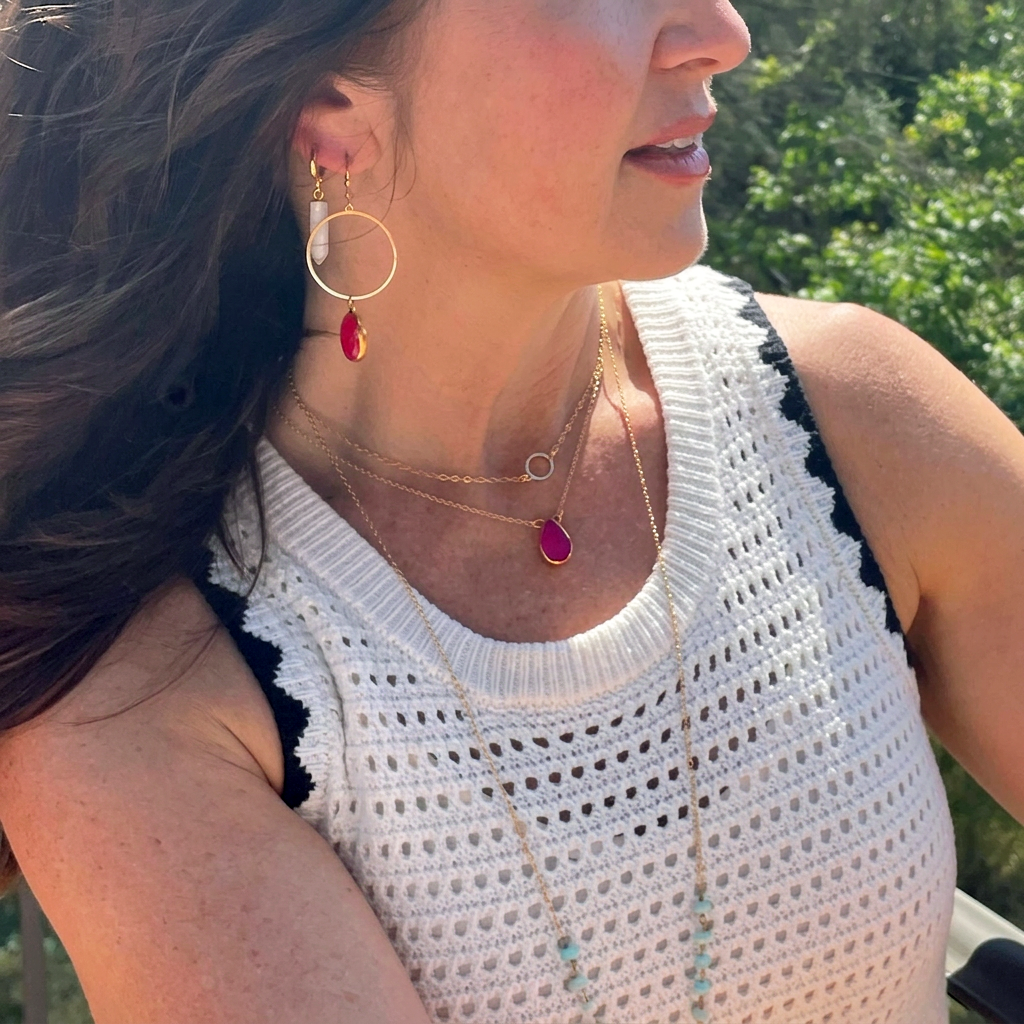 Fuchsia Chalcedony Teardrop Necklace in Gold and Silver