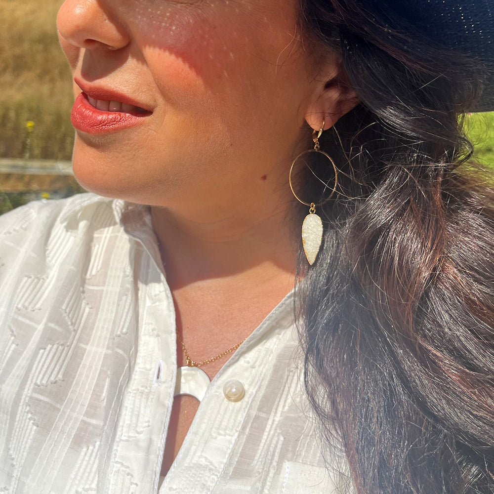 White Druzy Hoop Dangle Earrings in Gold