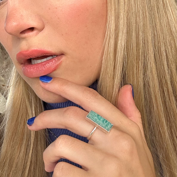 Amazonite Rectangle Bar Statement Ring in Gold and Silver