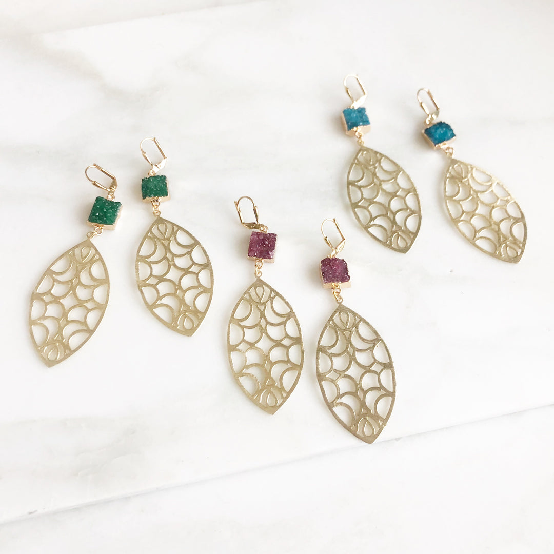 Druzy Statement Earrings. Long Gold Earrings with Teal, Green or Ruby Red Druzy Quartz Stones