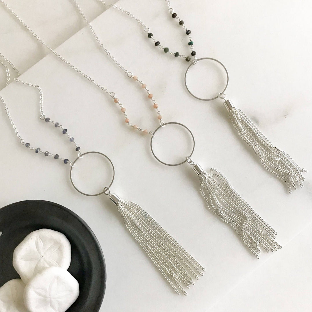 Long Boho Silver Tassel Necklace with Gemstone Beaded Chain