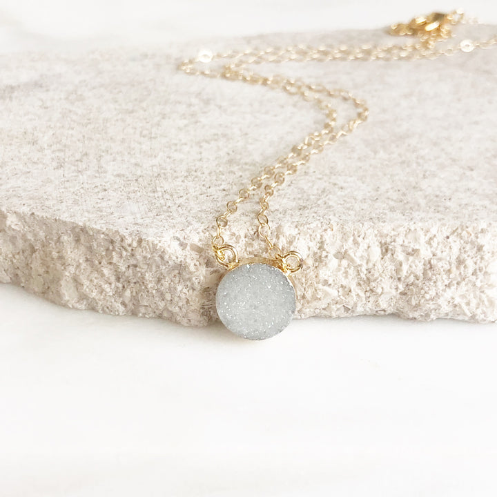 White Grey Druzy Circle Necklace in Gold. Dainty Druzy Pedant Necklace