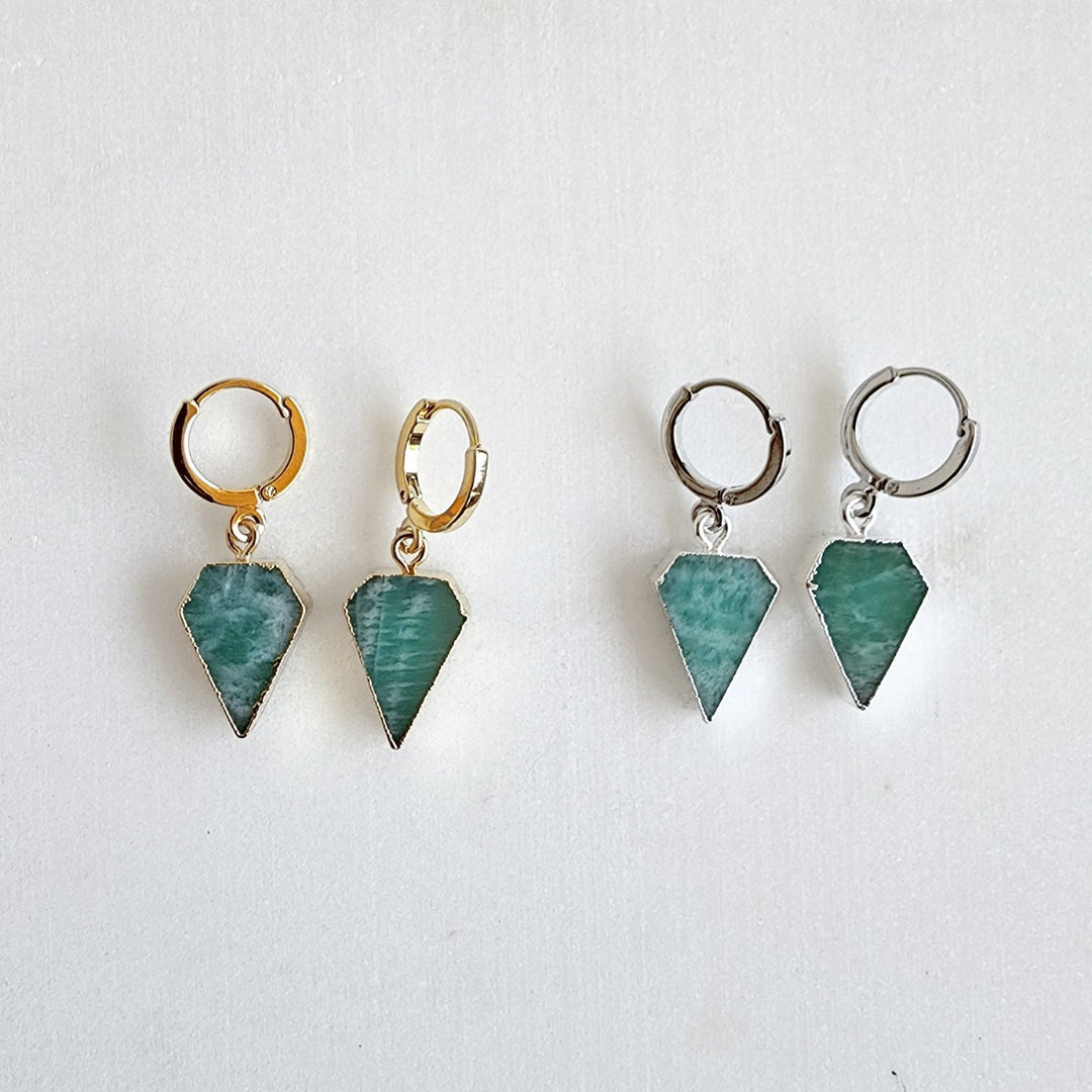Dainty Amazonite Diamond Shield Dangle Earrings in Gold & Silver. Gemstone Drop Hoop Earrings. Simple Amazonite Earrings
