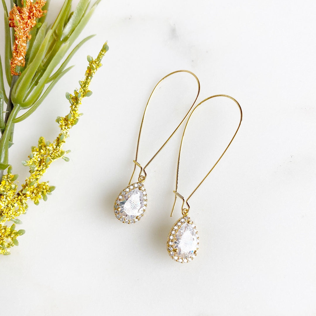 Simple Gold Bridal Drop Earrings. Cubic Zirconia Drops. Elegant Dangle Earrings