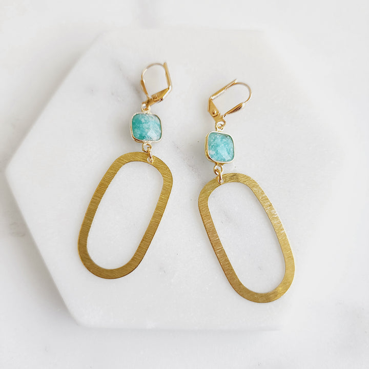 Amazonite Bezel Open Oval Dangle Earrings with Brushed Gold