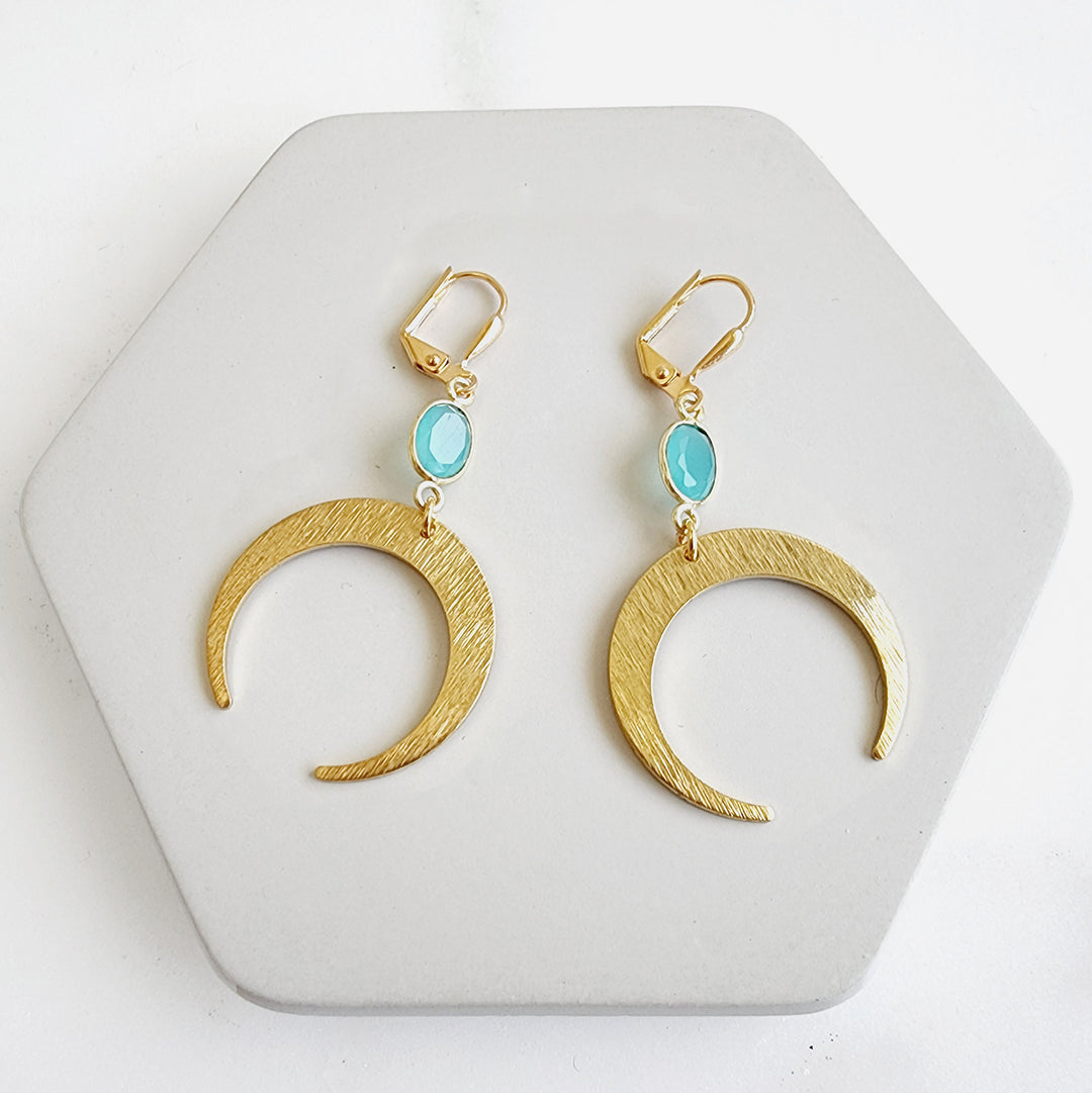 Crescent Dangle Earrings with Small Aqua Stone in Brushed Brass