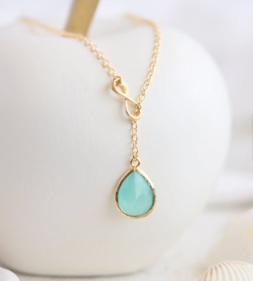 Aqua Teardrop and Gold Infinity Lariat Necklace. Lariat Necklace. Mint Necklace. Gift. Bridesmaid Jewelry
