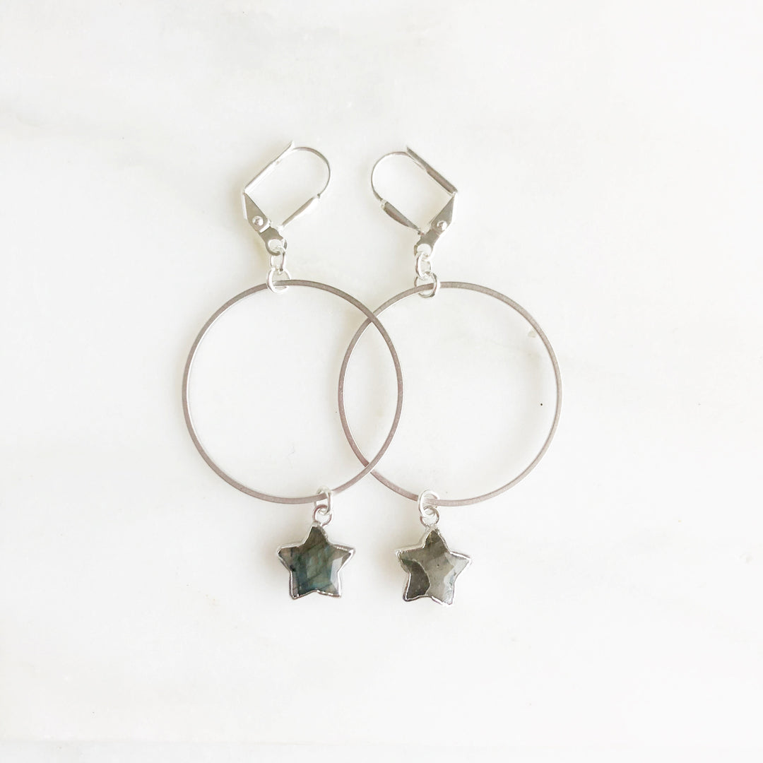 Hoop Earrings with Star Drops. Labradorite Star and Silver Hoop Earrings. Dangle Earrings