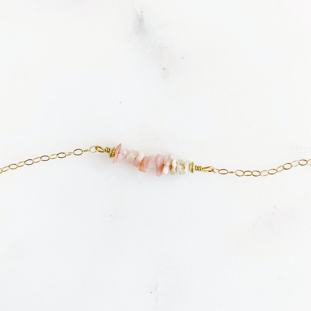 Pink Opal Chip Bracelet. Dainty Gold Chain Pink Stone Bracelet