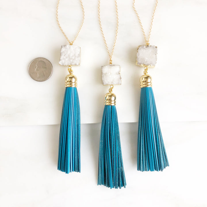 Tassel Necklace with White Druzy and Blue Tassel