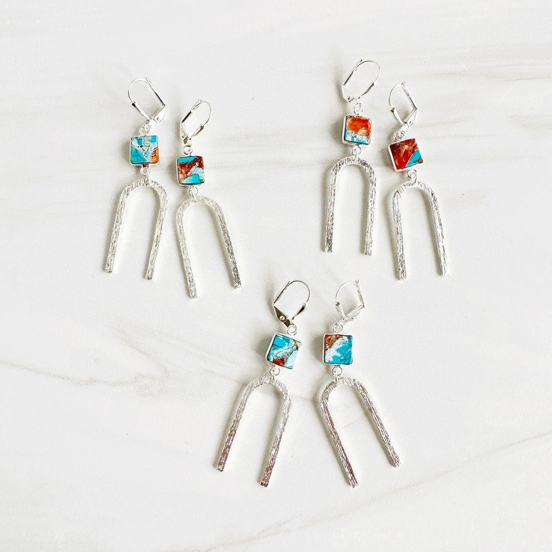 Turquoise and Orange Mojave and Horseshoe Dangle Earrings in Brushed Silver