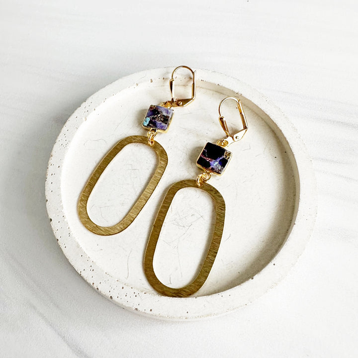 Purple Turquoise Open Oval Statement Earrings in Brushed Brass Gold