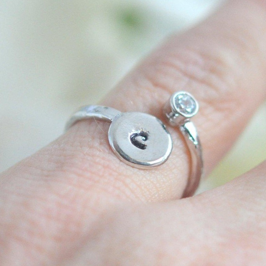 Personalized Inital Pinky Ring in Silver with CZ stone. Gift. Personalized Ring. Adjustable Ring. Inital Ring. Personalized Gift