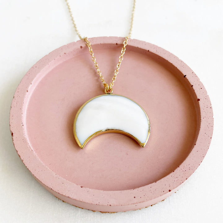 Large White Shell Crescent Necklace in Gold