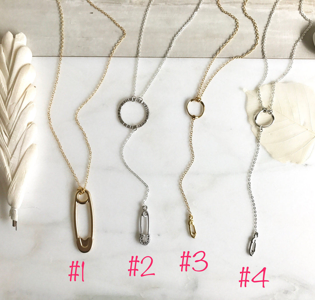 Solidarity Necklace. Safety Pin Necklace. Long Y Necklace. Long Lariat.