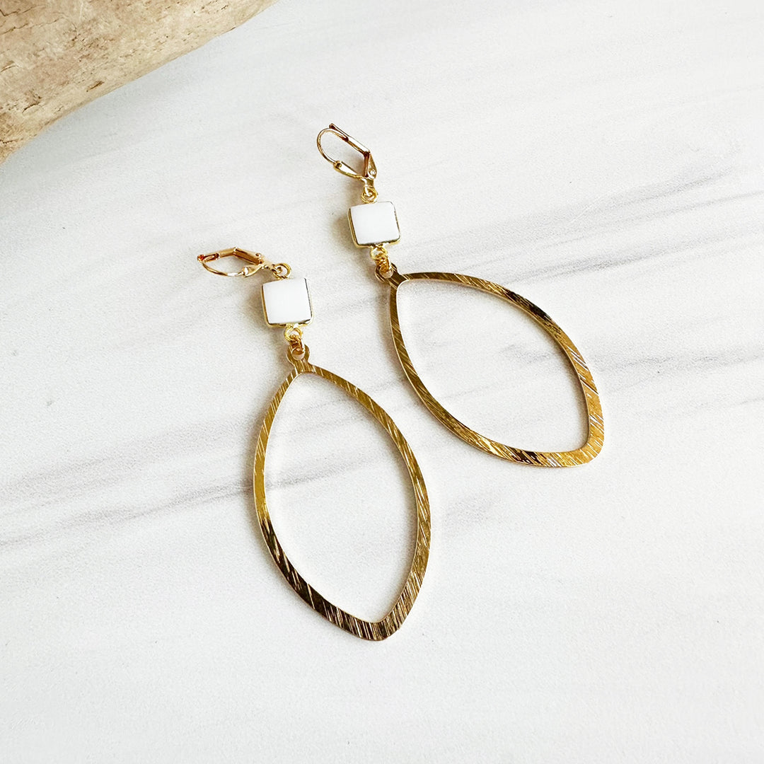 White Agate Bezel and Marquise Statement Earrings in Brushed Brass Gold