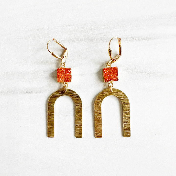 Orange Druzy and Horseshoe Dangle Earrings in Brushed Brass Gold