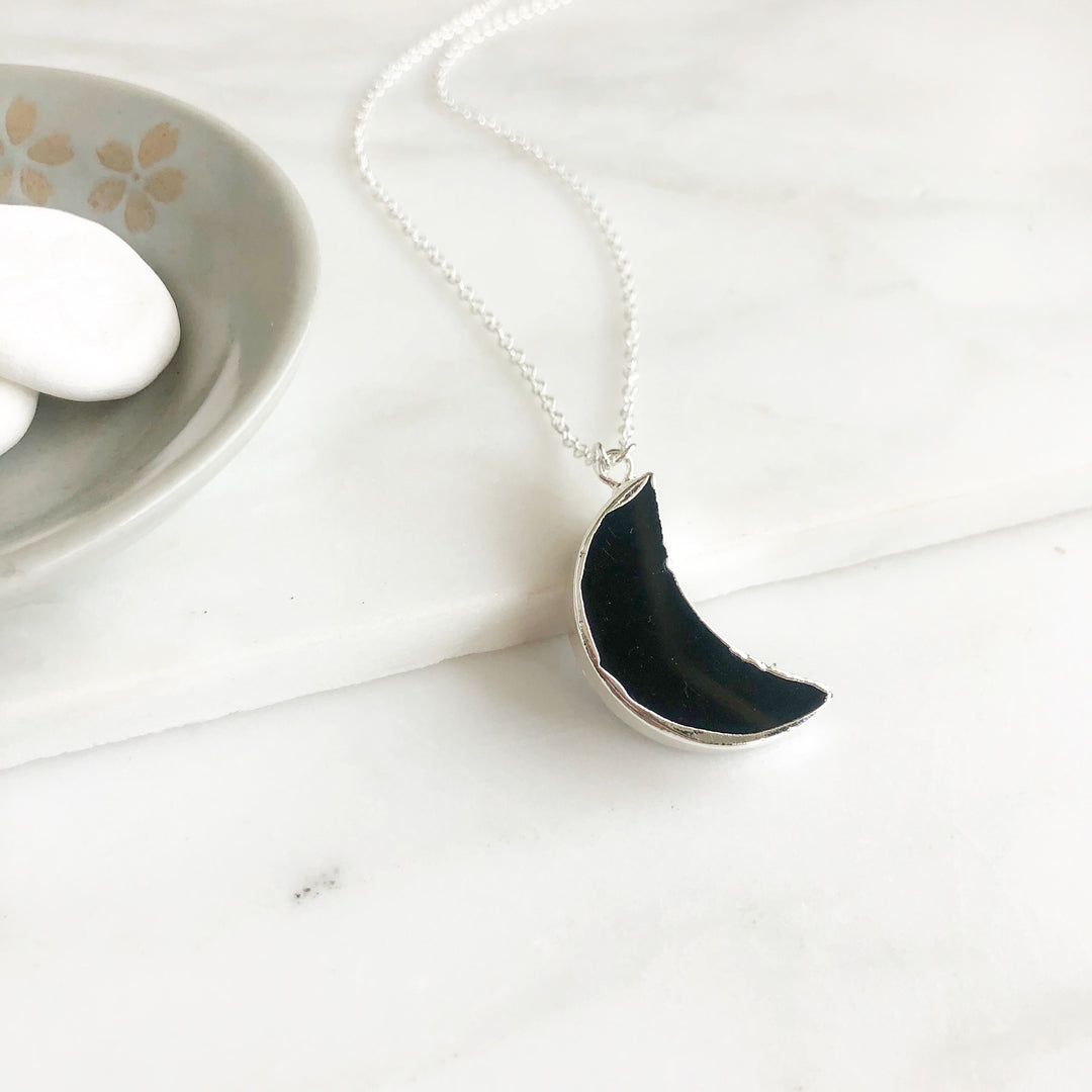 Black Crescent Moon Pendant Necklace in Sterling Silver. Black Agate Stone Necklace