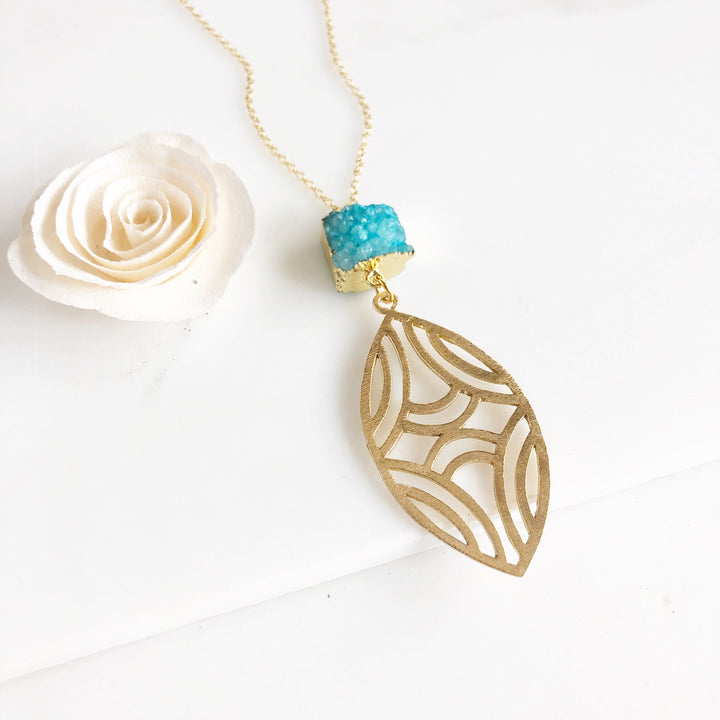Long Aqua Blue Druzy and Marquise Gold Pendant Necklace.