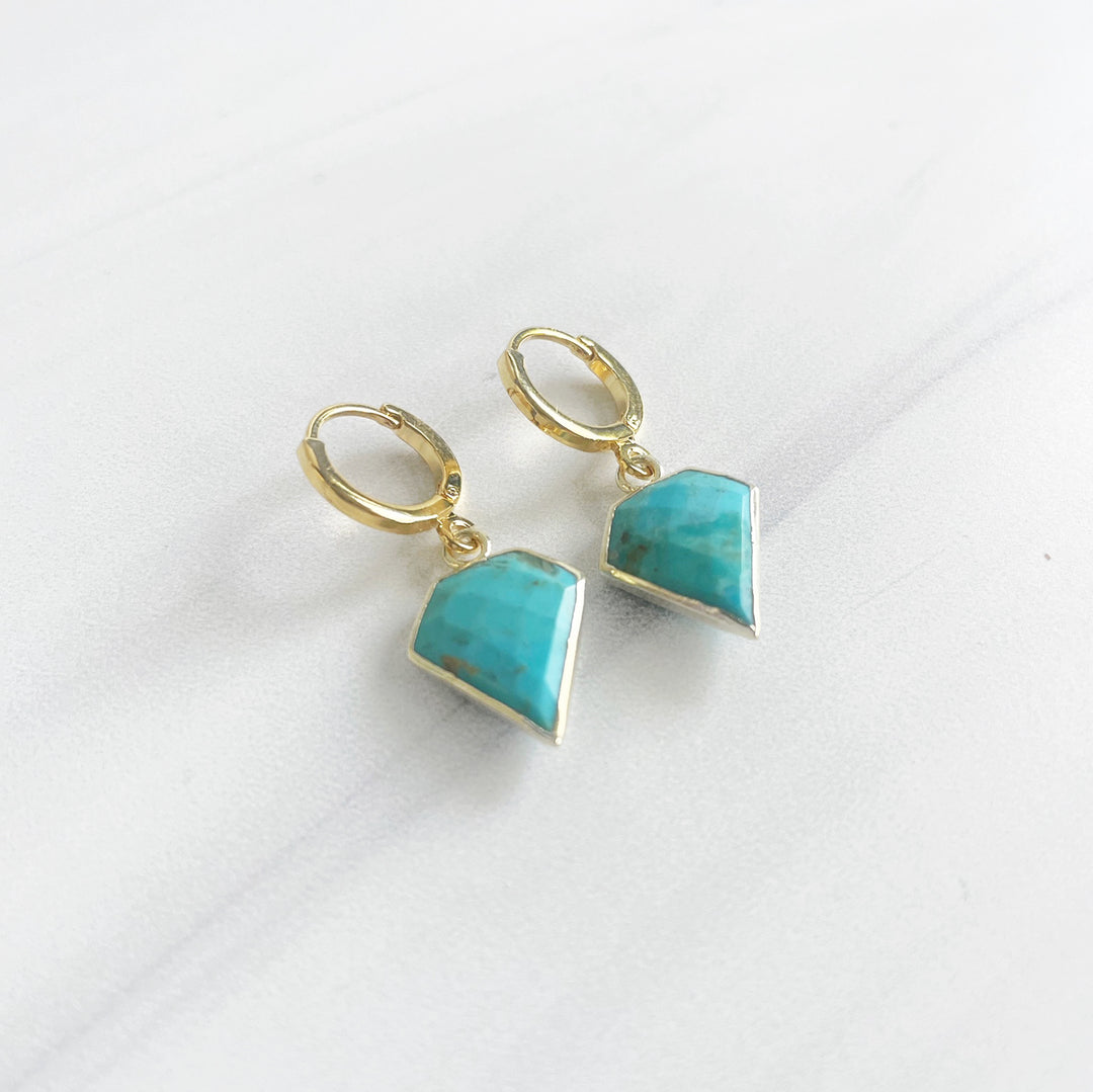 Dainty Turquoise Shield Stone Drop Earrings in Gold