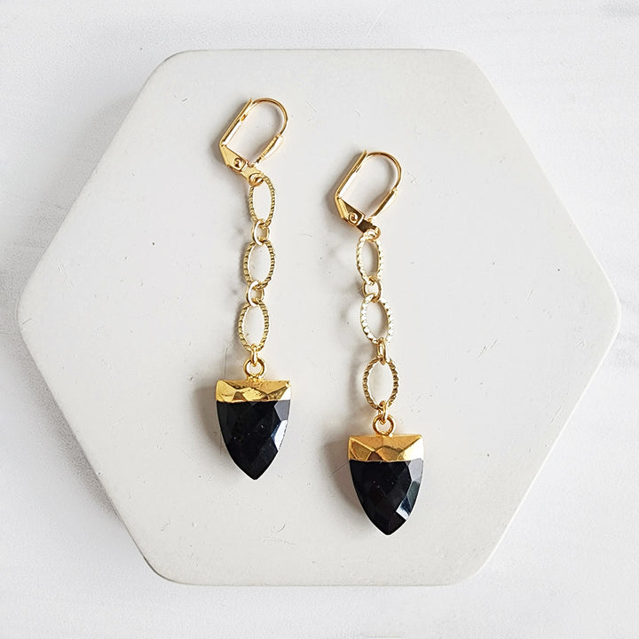 Long Black Onyx Earrings with Chunky Chain in Gold