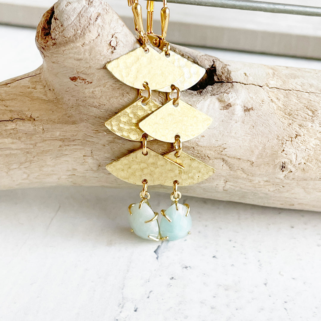 Hammered Brass Amazonite Drop Earrings in Gold
