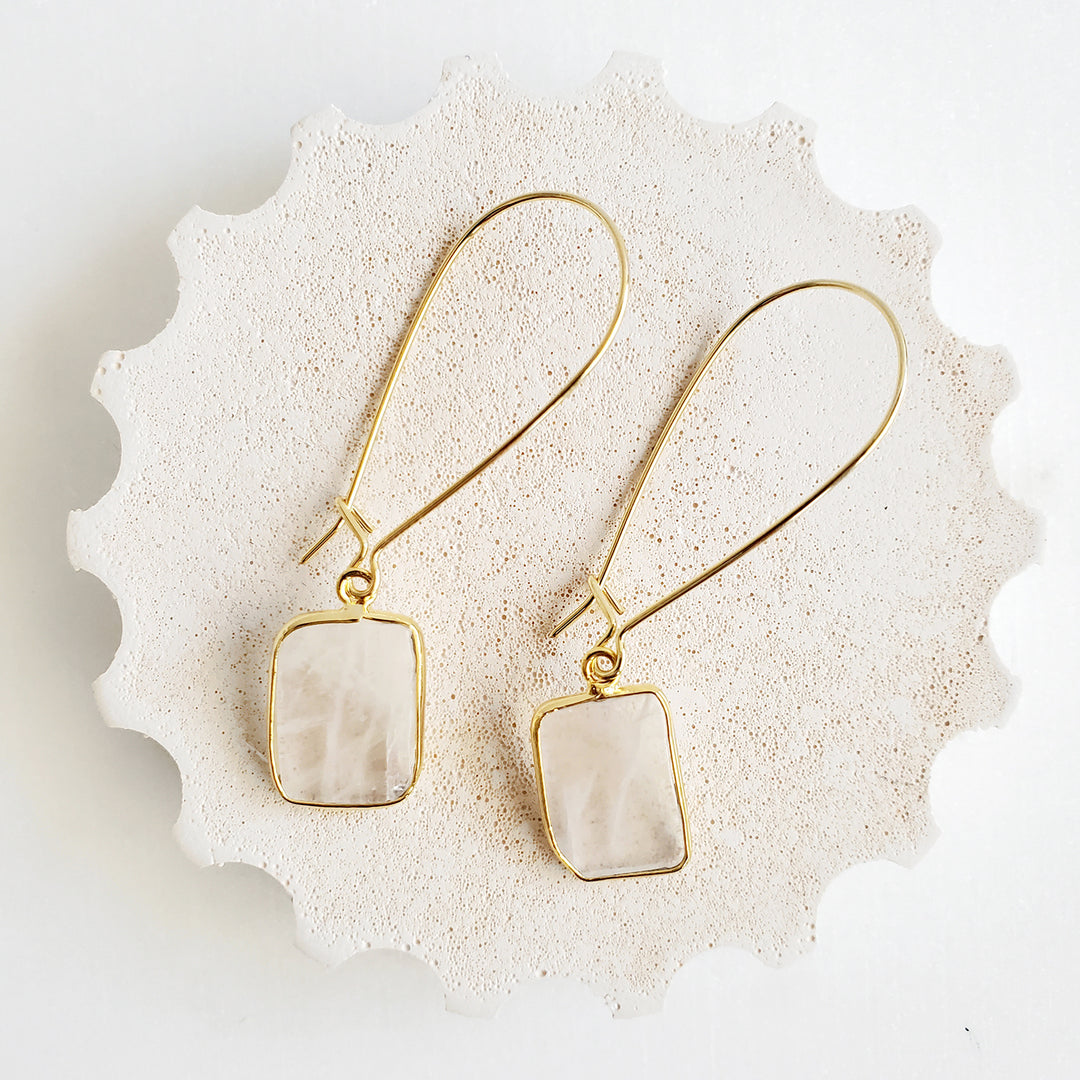 Freeform Moonstone Gemstone Slice Drop Earrings in Gold