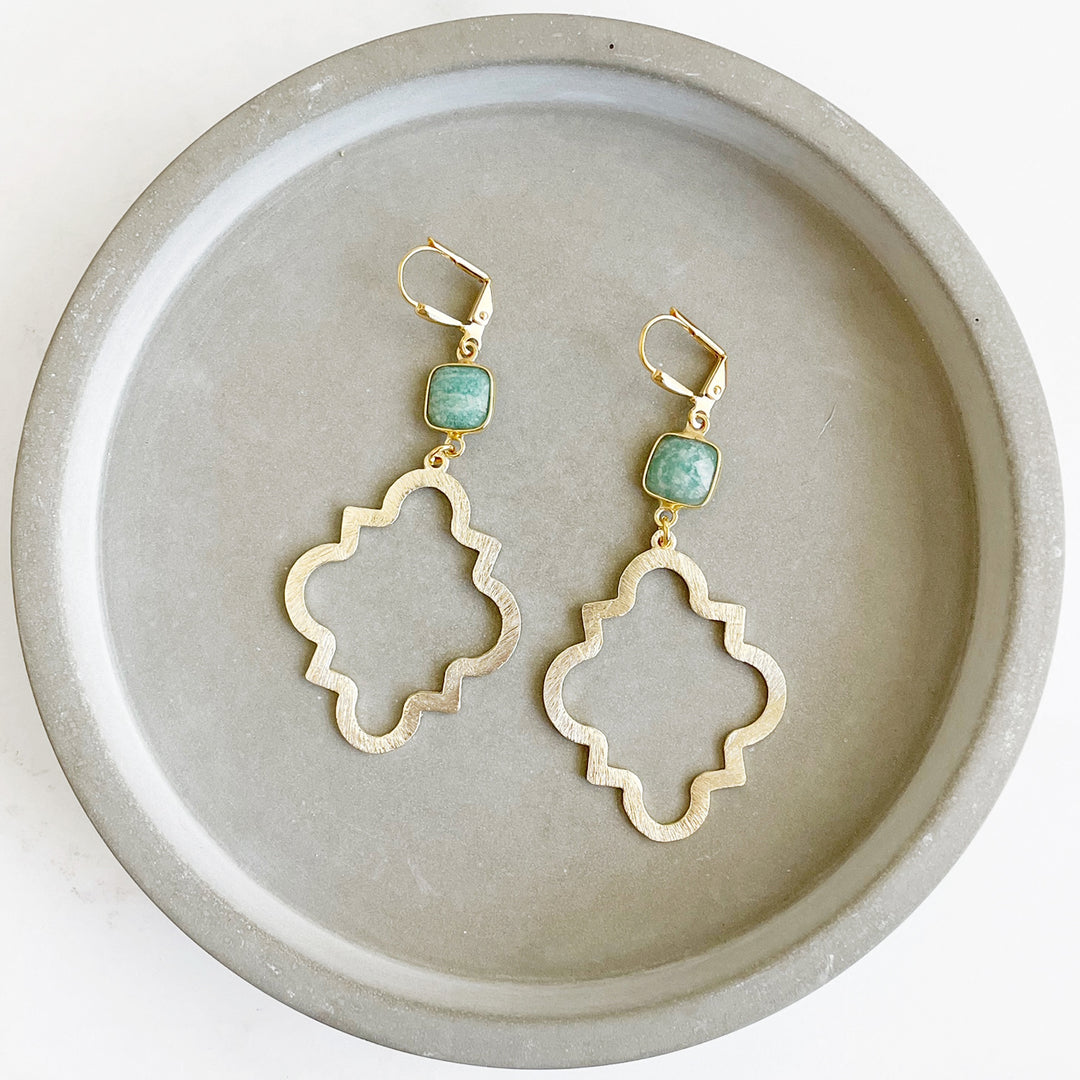 Gold Quatrefoil Statement Earrings with Amazonite