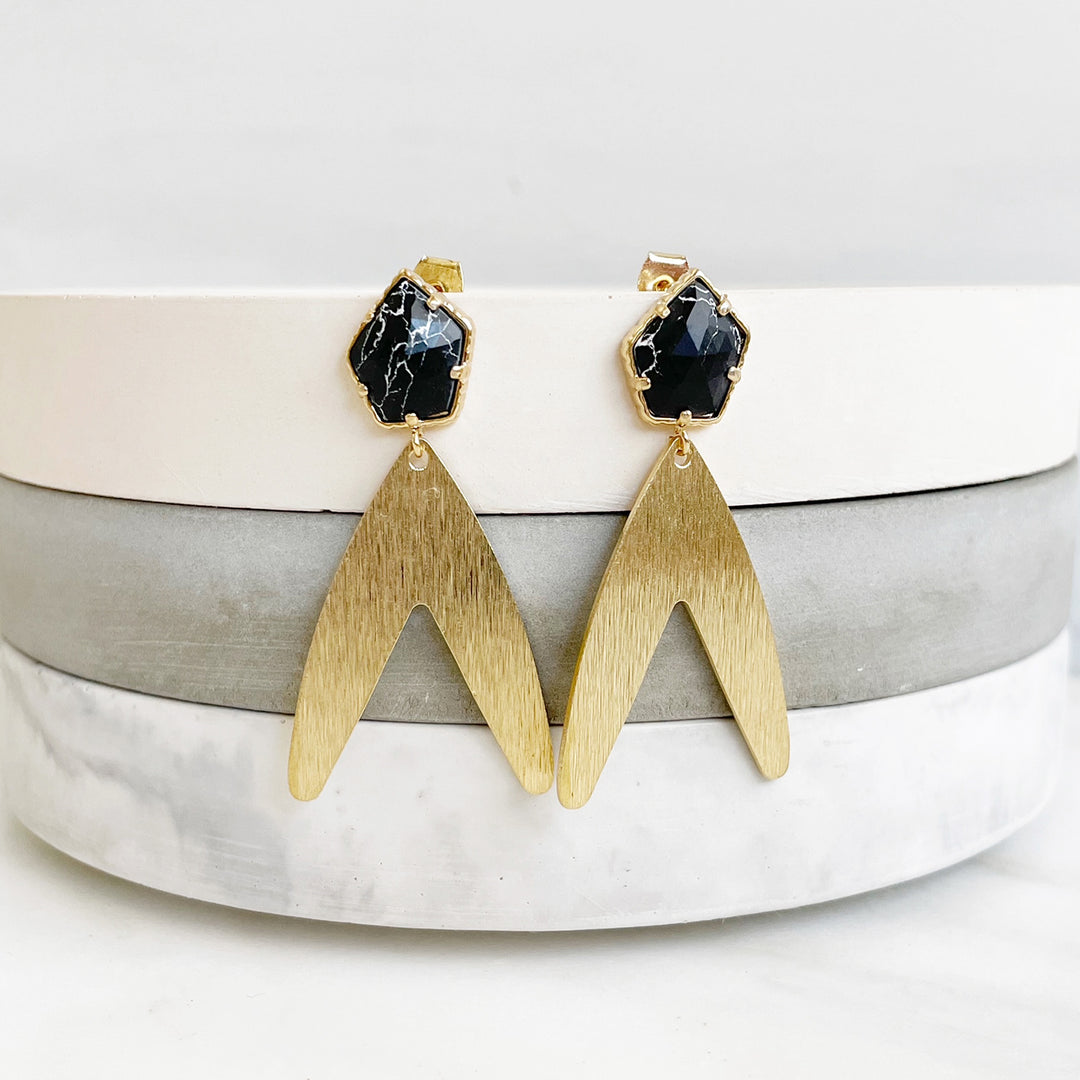 Black Howlite Statement Post Earrings in Brushed Brass Gold