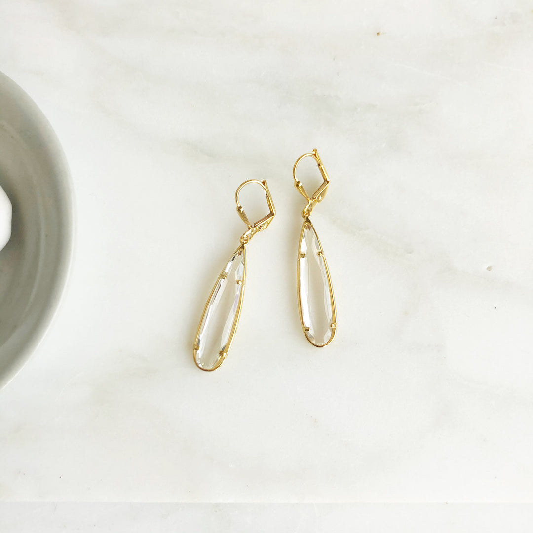Long Clear Glass Teardrop Earrings in Gold. Simple Glass Earrings