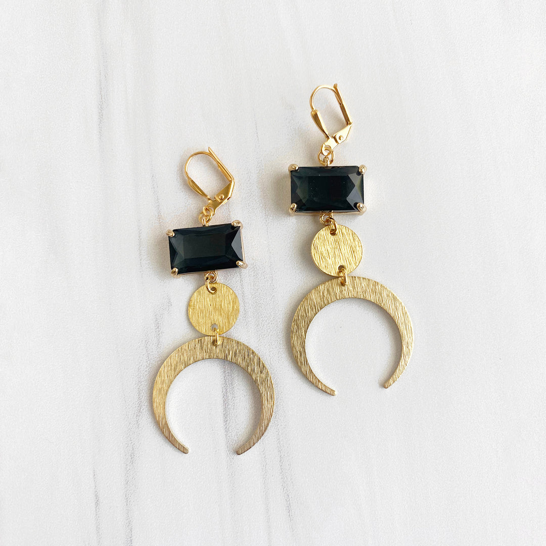 Long Gold Crescent Earrings with Black Onyx