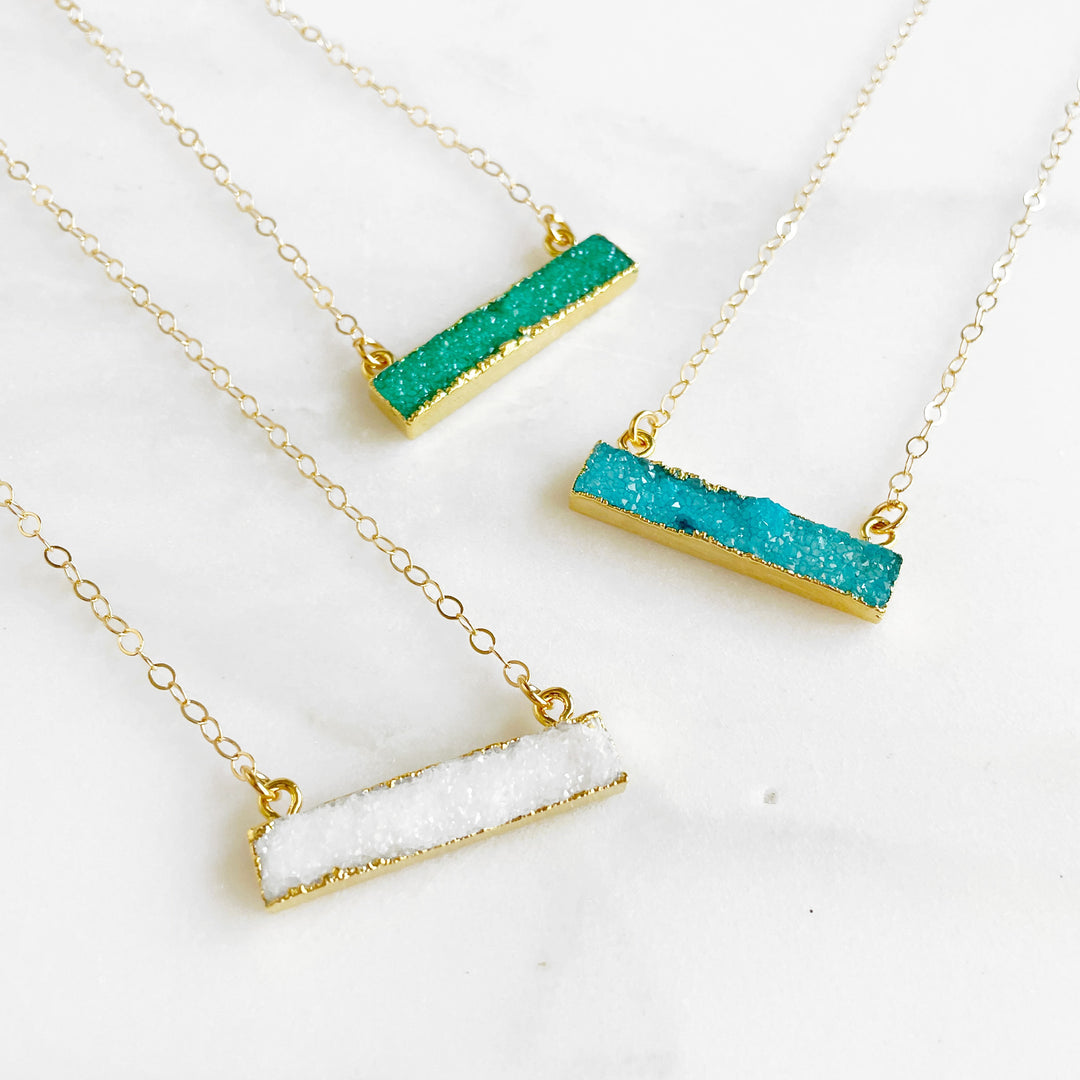 Thin Druzy Bar Necklace in Gold. White Green Blue Druzy Necklace
