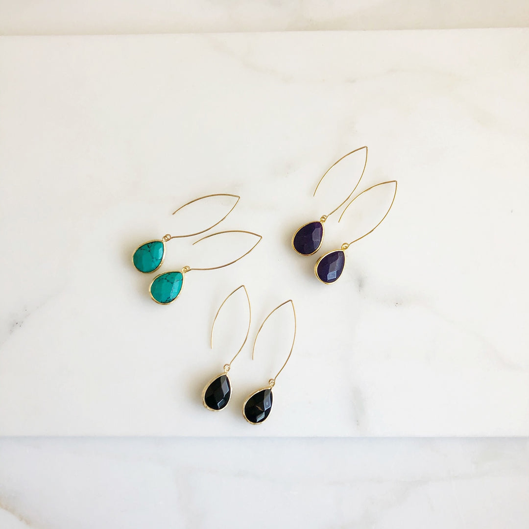 Long Stone Drop Earrings in Gold. Dangle Earrings
