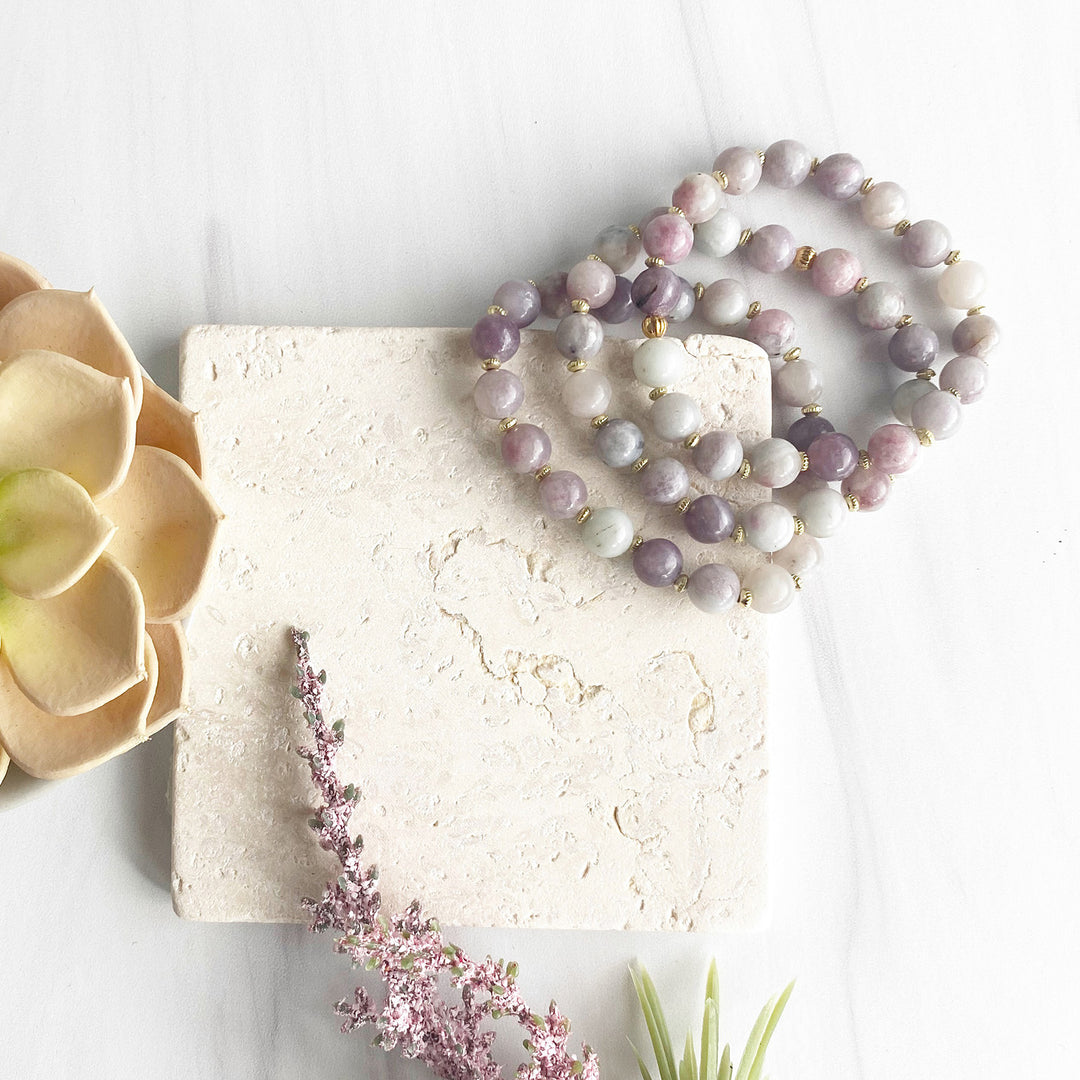 Purple Stone Stretch Beaded Bracelet with Gold Accents