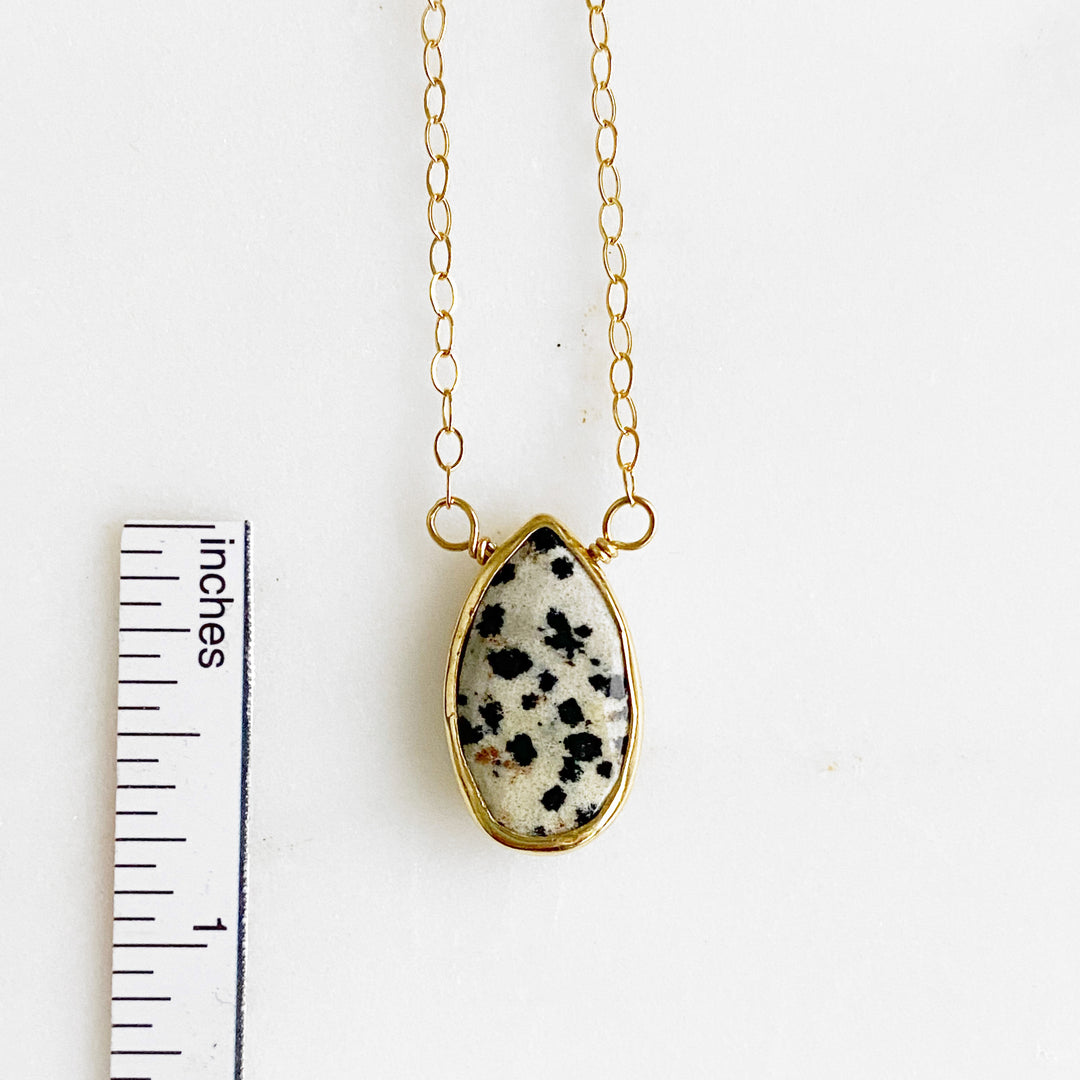 Dalmatian Jasper Teadrop Pendant Necklace in Gold. Simple Stone Necklace