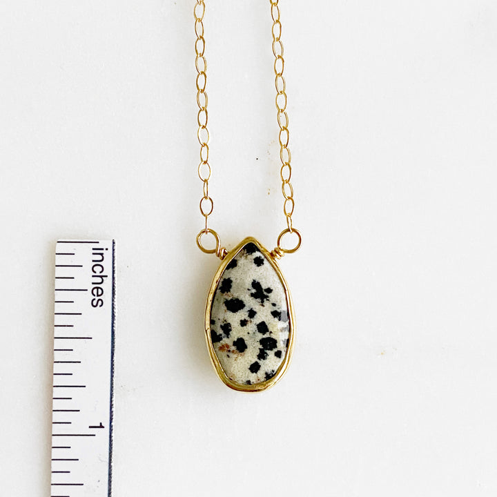 Dalmatian Jasper Teadrop Pendant Necklace in Gold. Simple Stone Necklace