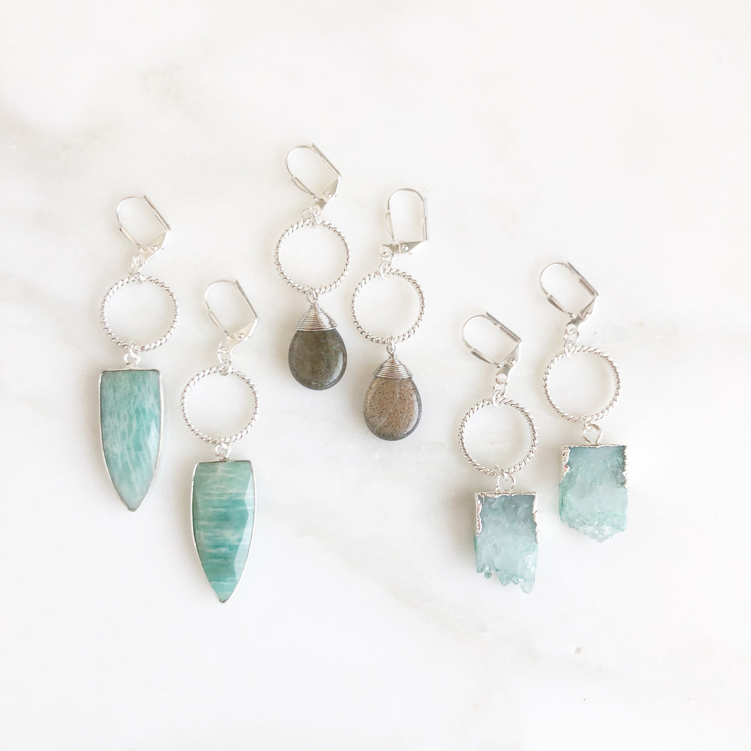 Silver Twisted Hoop Earrings Stone Pendants. Amazonite, Labradorite, Blue Quartz. Dangle Earrings.