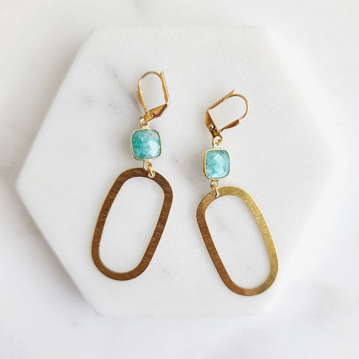 Amazonite Bezel Open Oval Dangle Earrings with Brushed Gold